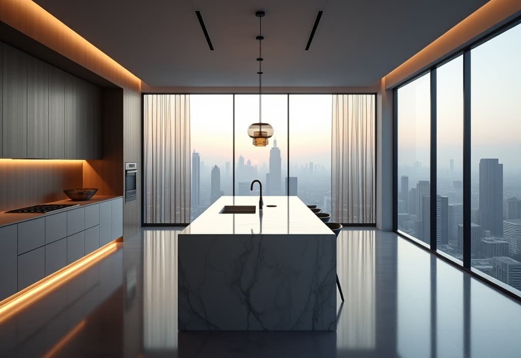  a landscape photo of a sleek, minimalist kitchen with clean lines, featuring a large island with a waterfall countertop, pendant lighting, and floor to ceiling windows overlooking a cityscape hyperrealistic, full body, detailed clothing, highly detailed, cinematic lighting, stunningly beautiful, intricate, sharp focus, f/1. 8, 85mm, (centered image composition), (professionally color graded), ((bright soft diffused light)), volumetric fog, trending on instagram, trending on tumblr, HDR 4K, 8K