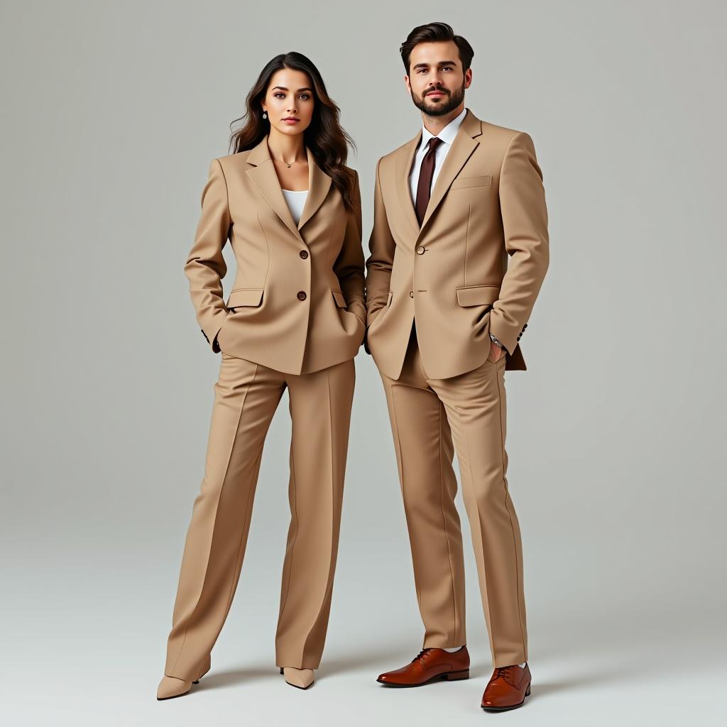  yuliana bashirova and lyubov golubnicheva are standing in stylish beige trouser suits.