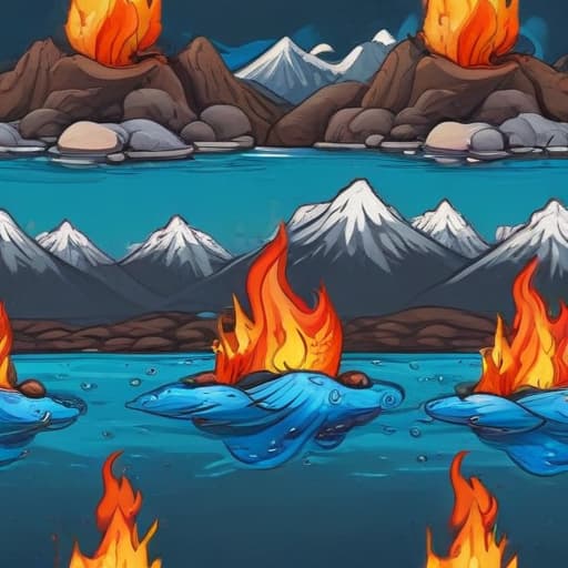 Fire above water in Cartoon style with Mountains background