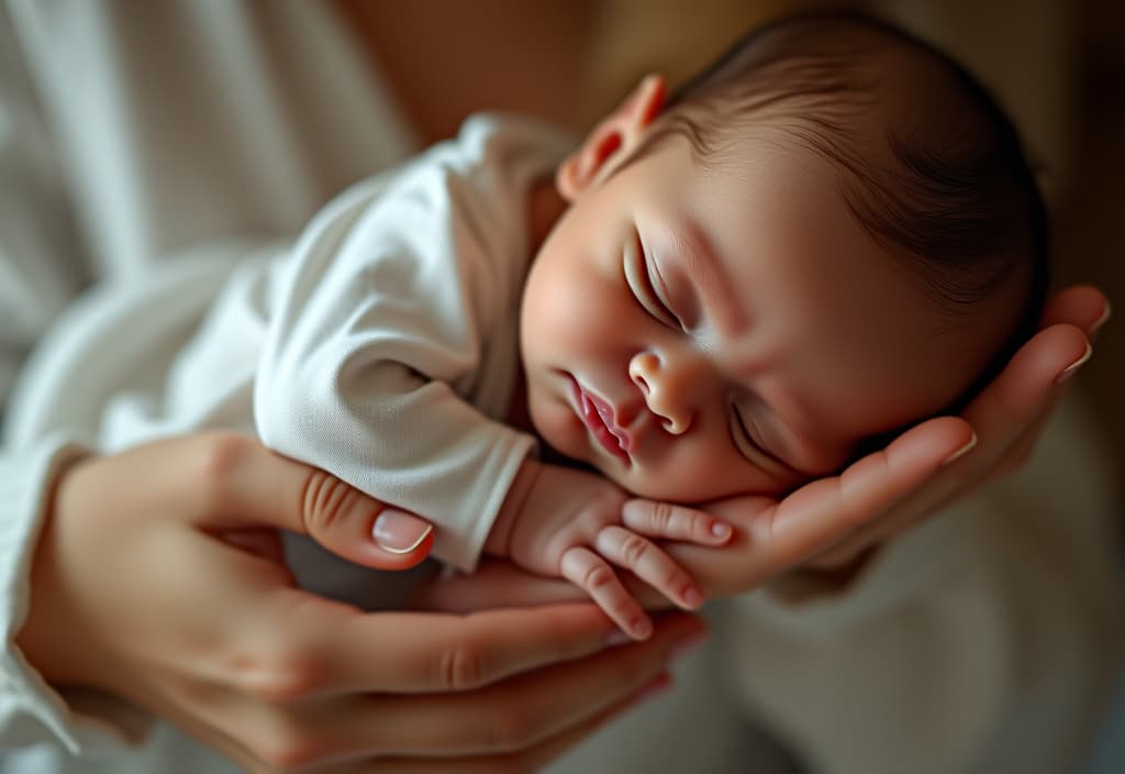  hyperrealistic art baby sleeps on mom's hands, mom's face doesn't see . extremely high resolution details, photographic, realism pushed to extreme, fine texture, incredibly lifelike hyperrealistic, full body, detailed clothing, highly detailed, cinematic lighting, stunningly beautiful, intricate, sharp focus, f/1. 8, 85mm, (centered image composition), (professionally color graded), ((bright soft diffused light)), volumetric fog, trending on instagram, trending on tumblr, HDR 4K, 8K