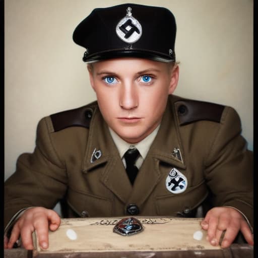 Draw me a picture of a full body of a nazi with a nazi hat on in a cradle wearing a nazi hitler youth pin and has blue eyes and hair