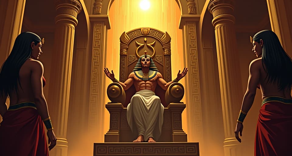  royal throne room with elaborate carvings, pharaoh rising from the throne, flanked by large busted priestesses in sheer attire, essence of extraordinary calling. the style is digital art illustration / modern comic book / mysterious occult, symbolic, esoteric vibe,high detail on character design, incorporating ancient egyptian symbology and attire.