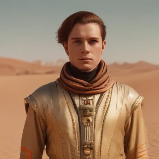 from Dune standing in dystil costume in dessert looking into the distance (face to the viewer side). In the style of Wes Anderson and the main character should be in the middle of photo