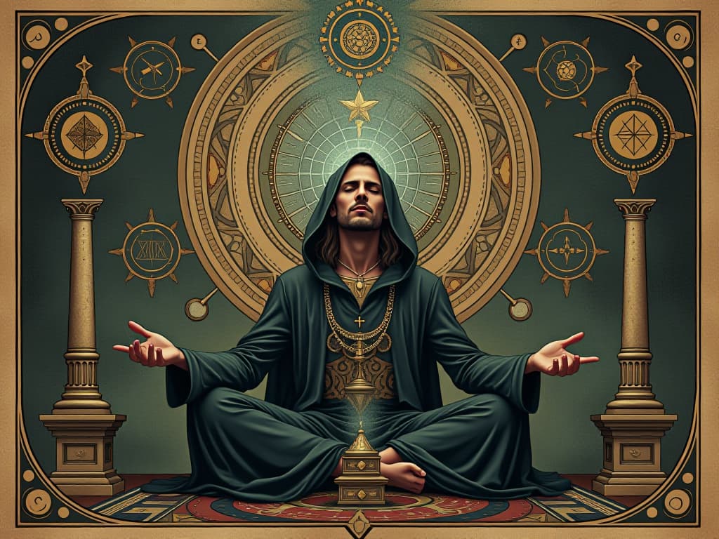  medieval alchemist surrounded by ancient symbols, eyes closed in meditation, spiritual transformation, arcane, enlightened. an illustration in the style of a worn, mystical old tarot trump card, mysterious and elements of surrealism. the colors are muted, somber and eerie, but with contrast bring out an occult and esoteric vibe.