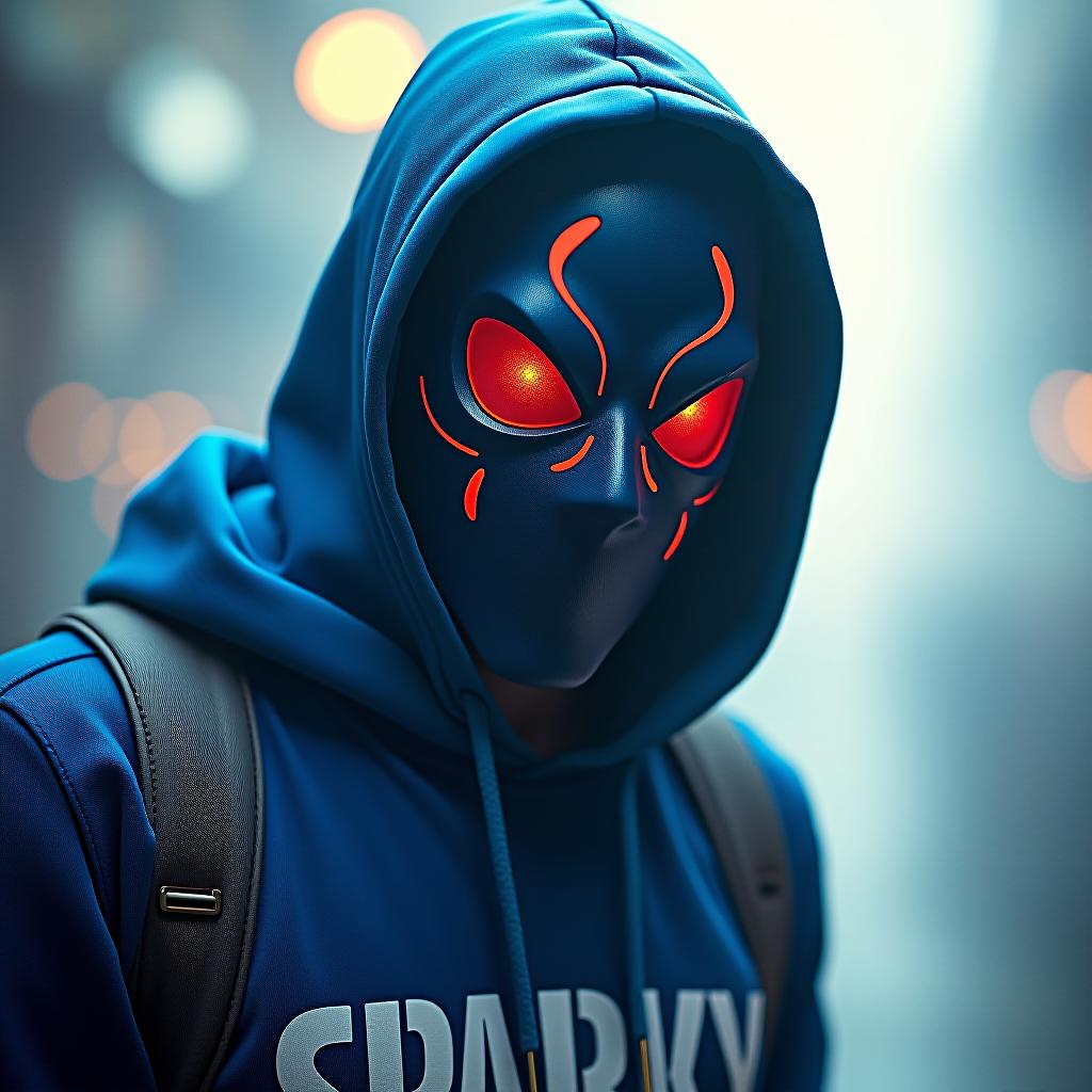  white man with a cool mask on his face with a blue hoodie with sparky written on hoodie hyperrealistic, full body, detailed clothing, highly detailed, cinematic lighting, stunningly beautiful, intricate, sharp focus, f/1. 8, 85mm, (centered image composition), (professionally color graded), ((bright soft diffused light)), volumetric fog, trending on instagram, trending on tumblr, HDR 4K, 8K