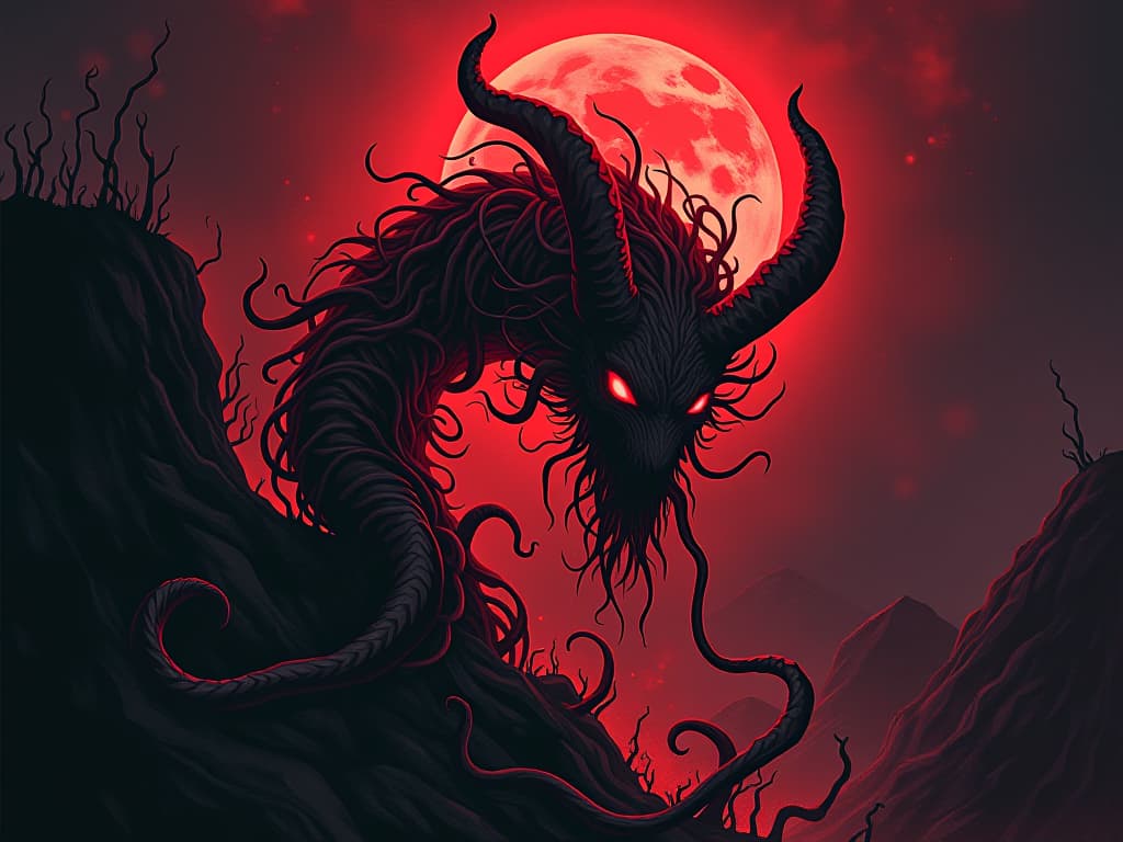  eldritch creature in red, sprouting vines of growth, moonlight casting eerie shadows, aura of transformation and hidden potential. the style is digital art illustration / modern comic book / graphic dark novel fantasy and mysterious occult, symbolic, moody lighting, esoteric vibe,high detail on character design. for the color scheme emphasize blacks and reds.