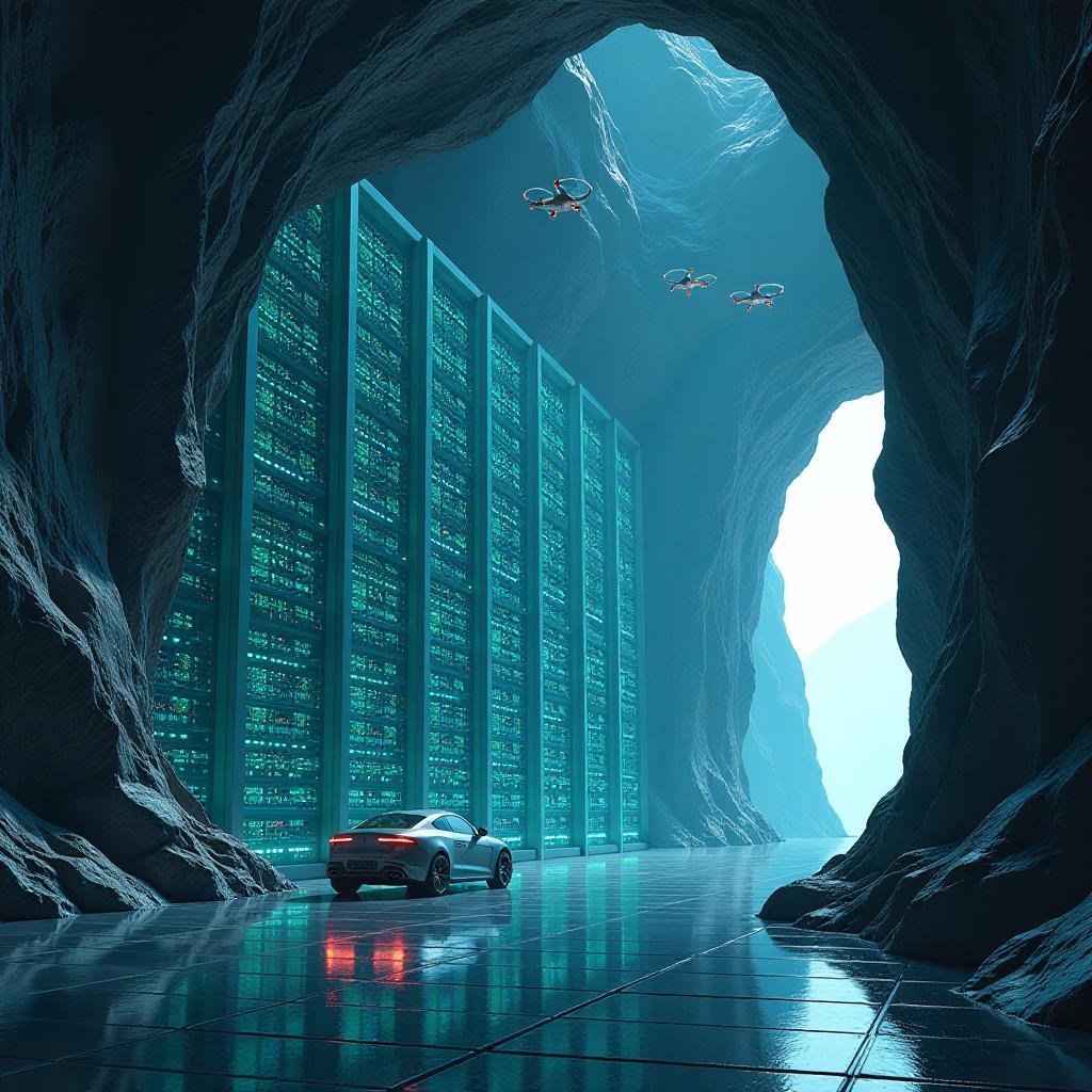  generate an image of a futuristic data center embedded deep within a mountain, with towering server racks glowing in blue and green lights. the architecture is sleek and minimalist, with translucent panels covering walls, where circuits and data streams are visibly flowing like veins of light. above the racks, a floating, holographic control interface displays real time data, graphs, and ai driven analytics. drones hover nearby, performing maintenance tasks autonomously, guided by artificial intelligence. outside the data center's glass entrance, a rugged landscape of rocky terrain contrasts with a seamless, self driving vehicle docked at the entrance. fiber optic cables snake into the mountainside, connecting the facility to a global grid. hyperrealistic, full body, detailed clothing, highly detailed, cinematic lighting, stunningly beautiful, intricate, sharp focus, f/1. 8, 85mm, (centered image composition), (professionally color graded), ((bright soft diffused light)), volumetric fog, trending on instagram, trending on tumblr, HDR 4K, 8K