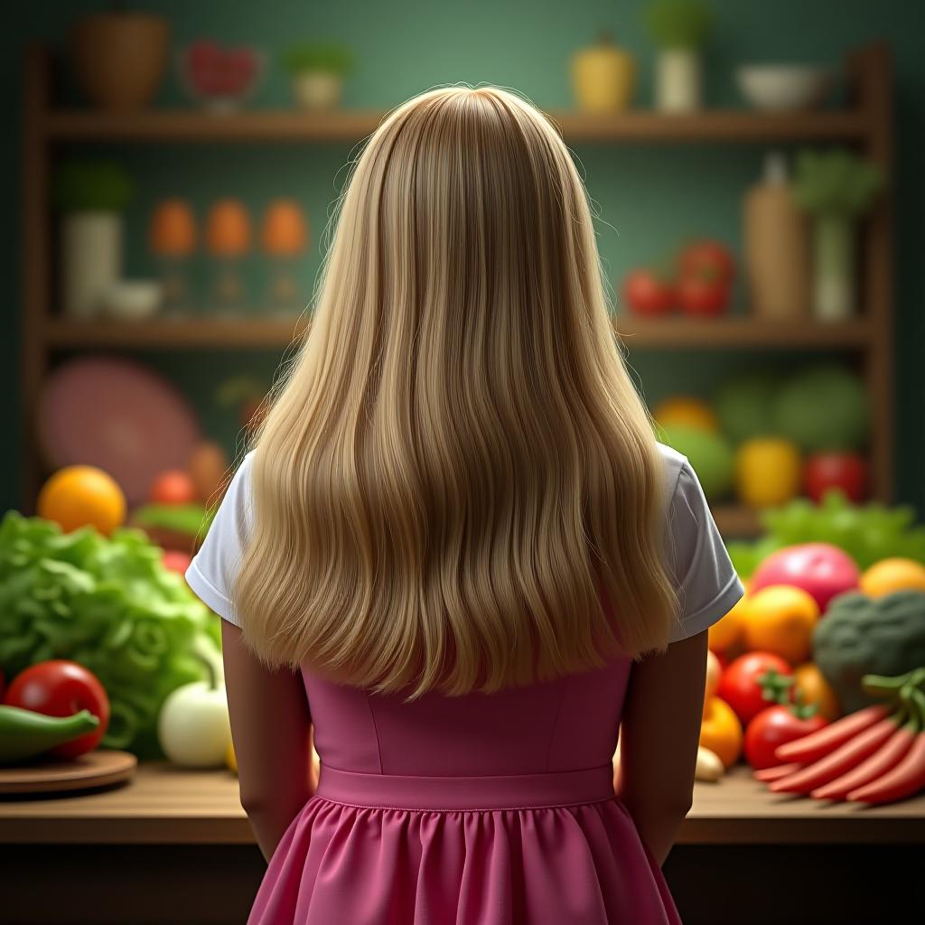  the girl's back to the shot, the blond with the medium long hair. it has a range of different vegetables and fruits associated with the right food. the colors are green and pink. hyperrealistic, full body, detailed clothing, highly detailed, cinematic lighting, stunningly beautiful, intricate, sharp focus, f/1. 8, 85mm, (centered image composition), (professionally color graded), ((bright soft diffused light)), volumetric fog, trending on instagram, trending on tumblr, HDR 4K, 8K