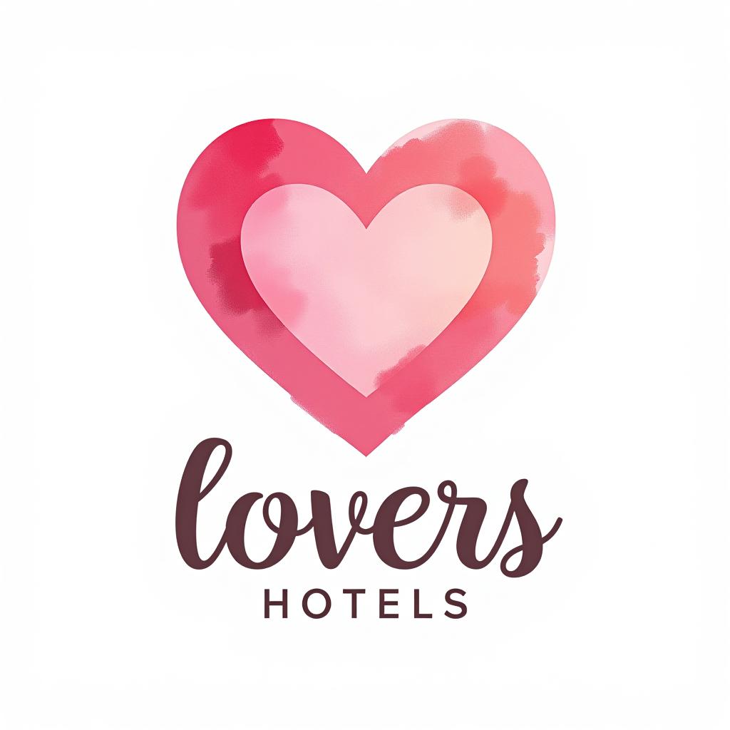  design a logo, watercolor style, logo of a heart, pink gradient colors, white background, with the text 'lovers hotels'.