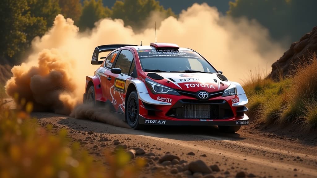  create an ultra realistic image capturing the intensity and triumph of kalle rovanperä's victory at wrc rally poland 2024. show rovanperä in his toyota car, skillfully navigating through challenging terrains, with dust clouds swirling behind him. include his teammate elfyn evans and competitor andreas mikkelsen facing tire damage in the background. use dramatic lighting to highlight the adrenaline filled atmosphere of the rally. ensure the toyota and wrc logos are prominently displayed on the