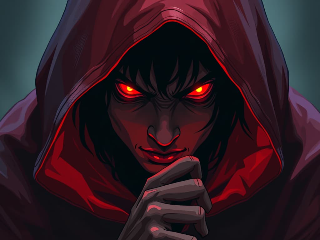  desperate pleader, eyes filled with otherworldly glow, mix of despair and sinister intentions, red cloak flowing, an aura of unease. the style is digital art illustration / modern comic book / graphic dark novel fantasy and mysterious occult, symbolic, moody lighting, esoteric vibe,high detail on character design. for the color scheme emphasize blacks and reds.