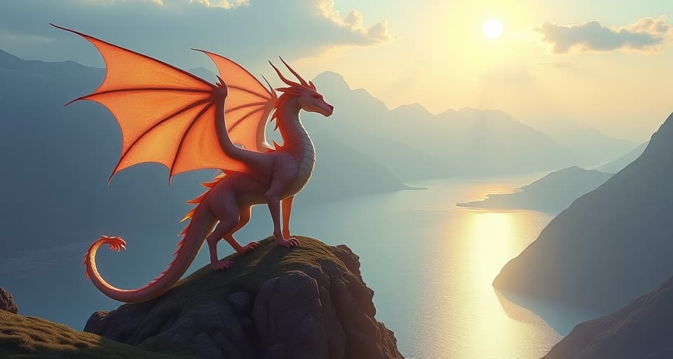  a proud dragon rider, ethereal and radiant, standing tall on a mountain peak, overlooking a shimmering lake. the scene exudes reclaimed power, strength, and vindication.. the style is digital art illustration,highly detailed, whimsical,magical, dreamlike atmosphere, realism and fantasy blend, smooth, glossy textures,luminous quality, wonder and enchantment.