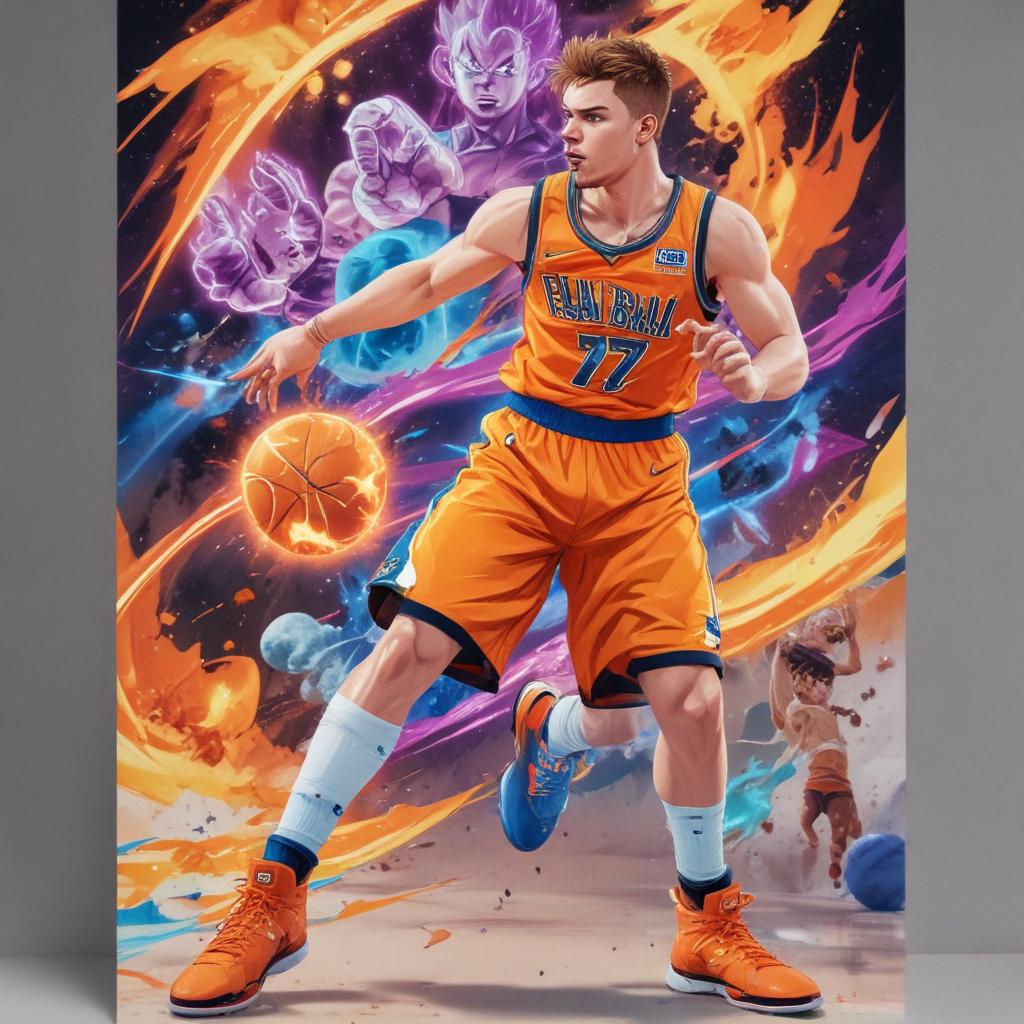 distance-shot, flashy, full-body, dynamic, holographic, animated cartoon poster of luka doncic in the style of dragon ball super