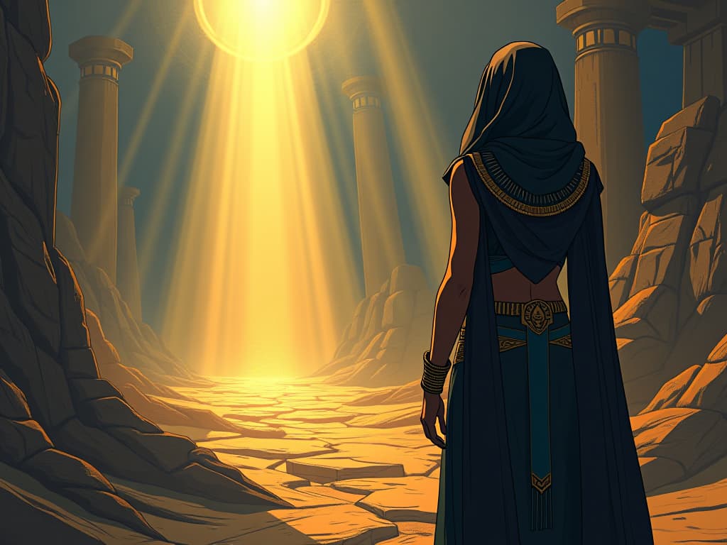  heavenly light beams illuminating a sacred path, large busted priestess at the start, symbolizing encouragement and spiritual support. the style is digital art illustration / modern comic book / mysterious occult, symbolic, esoteric vibe,high detail on character design, incorporating ancient egyptian symbology and attire.