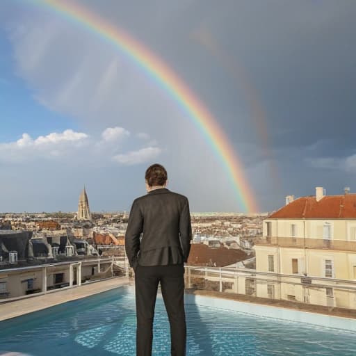 Draw a man who’s going to swim. The scene takes place in a swiming pool of a roof top appartement in Reims . We can see the cathedrale and a rainbow in the Sky.