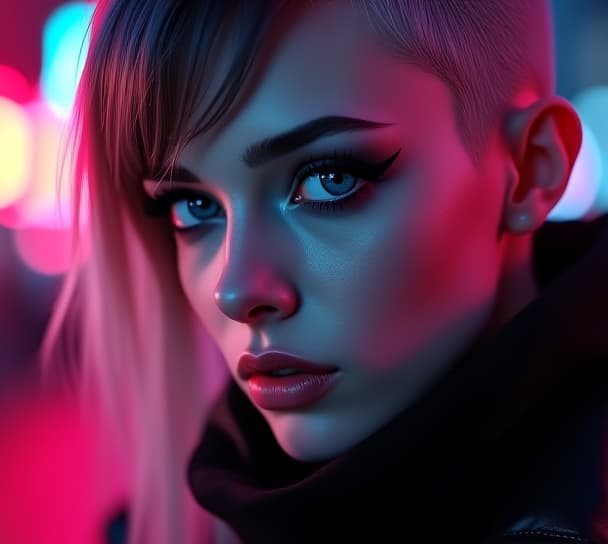  ultra realistic close up portrait ((beautiful pale cyberpunk female with heavy black eyeliner)), blue eyes, shaved side haircut, hyper detail, cinematic lighting, magic neon, dark red city, canon eos r3, nikon, f/1.4, iso 200, 1/160s, 8k, raw, unedited, symmetrical balance, in frame, 8k hyperrealistic, full body, detailed clothing, highly detailed, cinematic lighting, stunningly beautiful, intricate, sharp focus, f/1. 8, 85mm, (centered image composition), (professionally color graded), ((bright soft diffused light)), volumetric fog, trending on instagram, trending on tumblr, HDR 4K, 8K