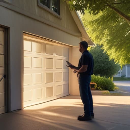 A photo of a skilled technician inspecting a garage door in a cozy suburban neighborhood during early morning with soft, warm sunlight streaming through the trees, casting long shadows on the driveway.