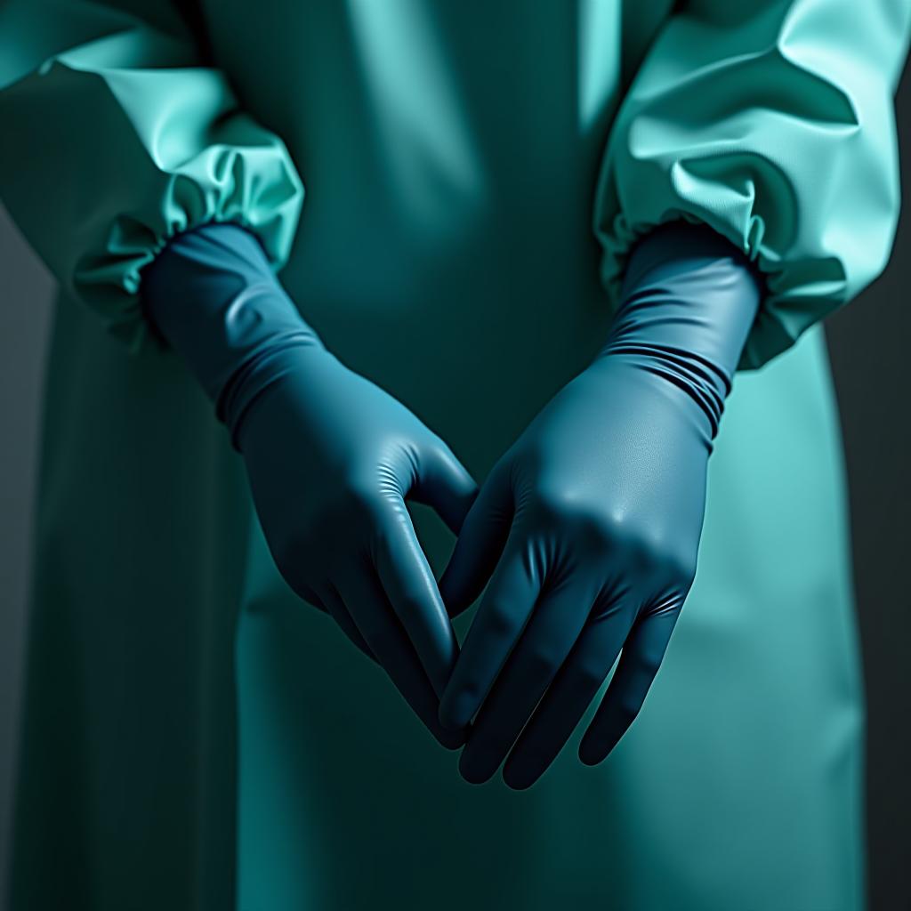  long surgical gloves three color, cover the cuffs of the surgical gown, part of the surgical glove (from the palm to the wrist), (glossy dark green latex: 1.3), part of the surgical glove (from the wrist to the forearm), (glossy dark blue latex: 1.3), part of the surgical glove, the phalanges of the fingers,, (glossy red latex: 1.3) hyperrealistic, full body, detailed clothing, highly detailed, cinematic lighting, stunningly beautiful, intricate, sharp focus, f/1. 8, 85mm, (centered image composition), (professionally color graded), ((bright soft diffused light)), volumetric fog, trending on instagram, trending on tumblr, HDR 4K, 8K