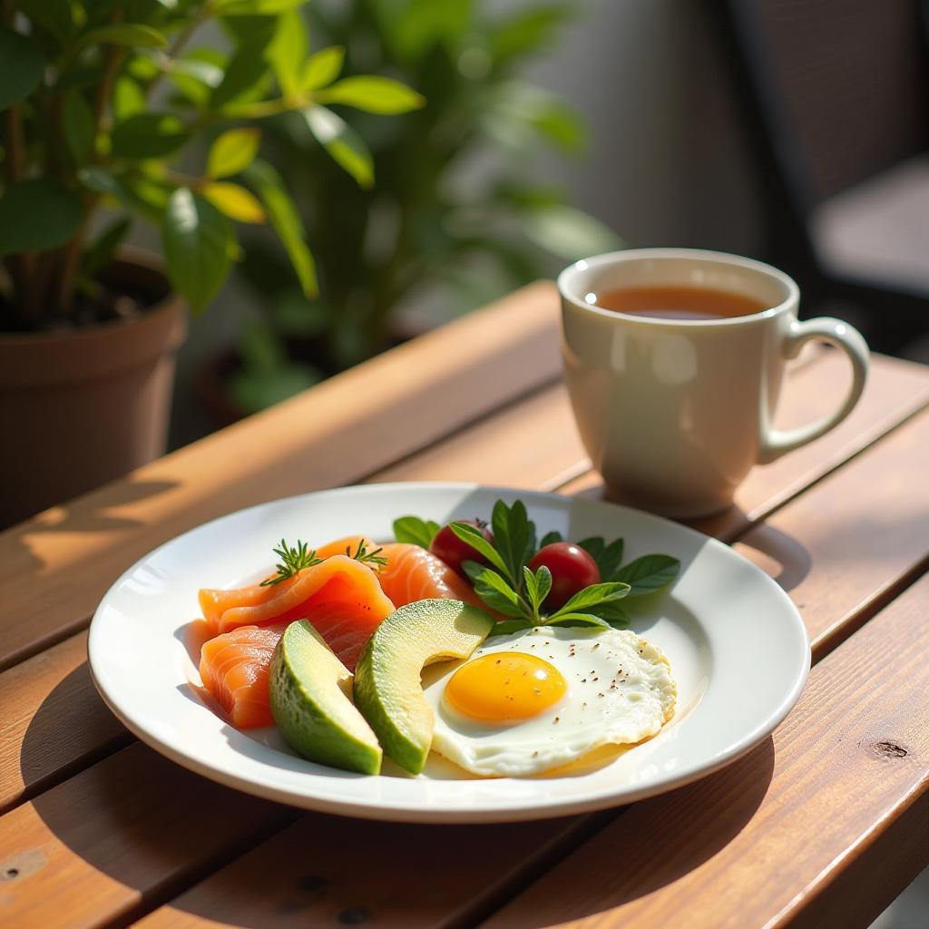  healthy breakfast with eggs, avocado, salmon and hot tea on the table sunny day {prompt}, maximum details