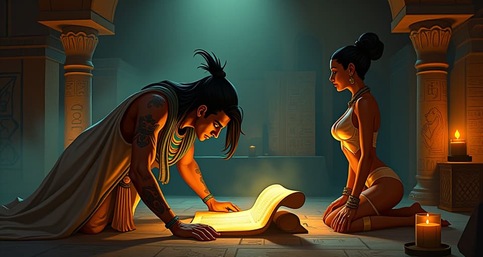  an ancient egyptian scribe, hunched over a glowing scroll in a dimly lit chamber, hieroglyphs floating in the air around him, with a beautiful, large busted muse in a tight, sheer outfit, watching intently, symbolizing rare soul alchemy. the style is digital art illustration / modern comic book / mysterious occult, symbolic, esoteric vibe,high detail on character design, incorporating ancient egyptian symbology and attire.