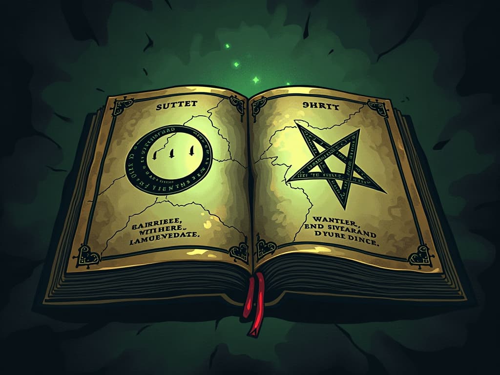  an illustration of ancient texts with cracked pages, dark symbols, eerie green glow around the edges, sense of age and forbidden knowledge. an illustration in the style of a worn, mystical old tarot trump card, mysterious and elements of surrealism. the colors are muted, somber and eerie, but with contrast bring out an occult and esoteric vibe.