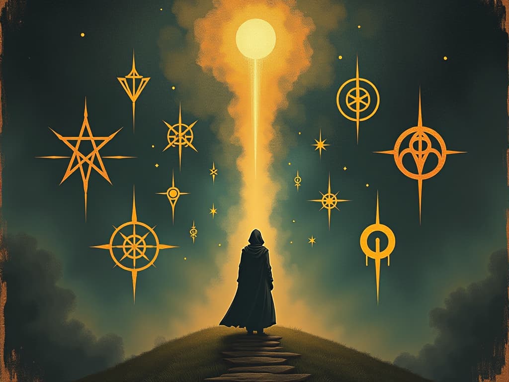  series of mystical symbols glowing in the air, surrounding a person, symbols resemble ancient runes, ascending light path, foreboding, ascendant, luminous. an illustration in the style of a worn, mystical old tarot trump card, mysterious and elements of surrealism. the colors are muted, somber and eerie, but with contrast bring out an occult and esoteric vibe.