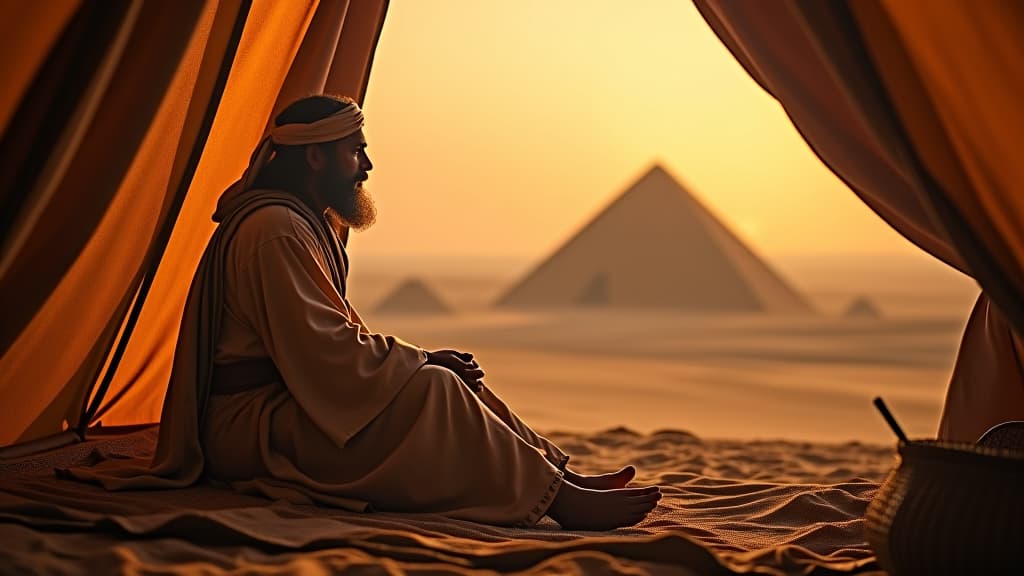  history of biblical times, abraham, seated in his tent, deeply contemplating god's promise of a vast descendants, with a serene desert background. hyperrealistic, full body, detailed clothing, highly detailed, cinematic lighting, stunningly beautiful, intricate, sharp focus, f/1. 8, 85mm, (centered image composition), (professionally color graded), ((bright soft diffused light)), volumetric fog, trending on instagram, trending on tumblr, HDR 4K, 8K