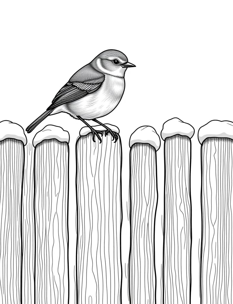  this is for an adult coloring page. a detailed black and white line art of a snowy snow covered fence with a robin perched on top on a solid white background.