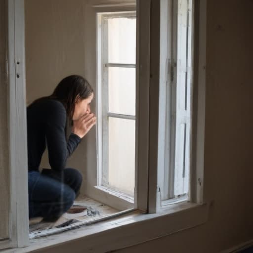 A person weeping into room through window from street