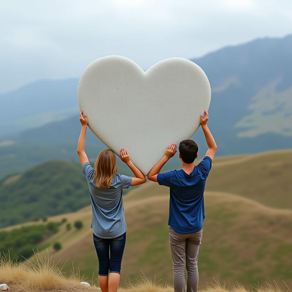  girls and a man hold a huge white heart shaped stone above themselves against the backdrop of a beautiful landscape.