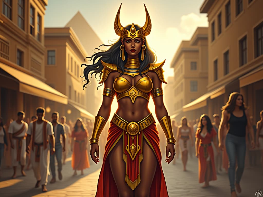  a large busted goddess in radiant, golden armor, standing amidst a bustling market square, her presence commanding attention, people around her standing taller and looking more confident, symbolizing empowerment. the style is digital art illustration / modern comic book / mysterious occult, symbolic, esoteric vibe,high detail on character design, incorporating ancient egyptian symbology and attire.