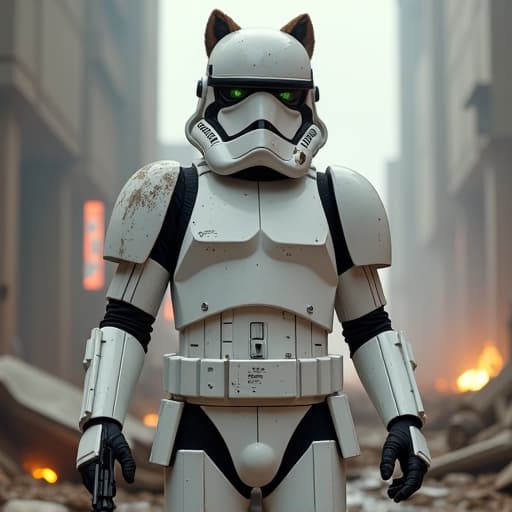  as the storm trooper, hemule stands tall and proud, clad in the iconic white armor, with a helmet covering his head. his piercing green eyes shine through the helmet slits, exuding determination and a hint of mischief. the brown, black, and grey stripes of his fur peek out from the edges of the armor, adding a unique touch to the traditional uniform. the setting is a futuristic battlefield, with debris scattered around, illuminated by the eerie glow of blaster fire. hemule's rebellious spirit is palpable as he confidently strides forward, ready for action. the attention to detail in the rendering captures the sheen of the armor, the intensity of his gaze, and the dynamic atmosphere of the scene, blending realism with a hyperrealistic, full body, detailed clothing, highly detailed, cinematic lighting, stunningly beautiful, intricate, sharp focus, f/1. 8, 85mm, (centered image composition), (professionally color graded), ((bright soft diffused light)), volumetric fog, trending on instagram, trending on tumblr, HDR 4K, 8K