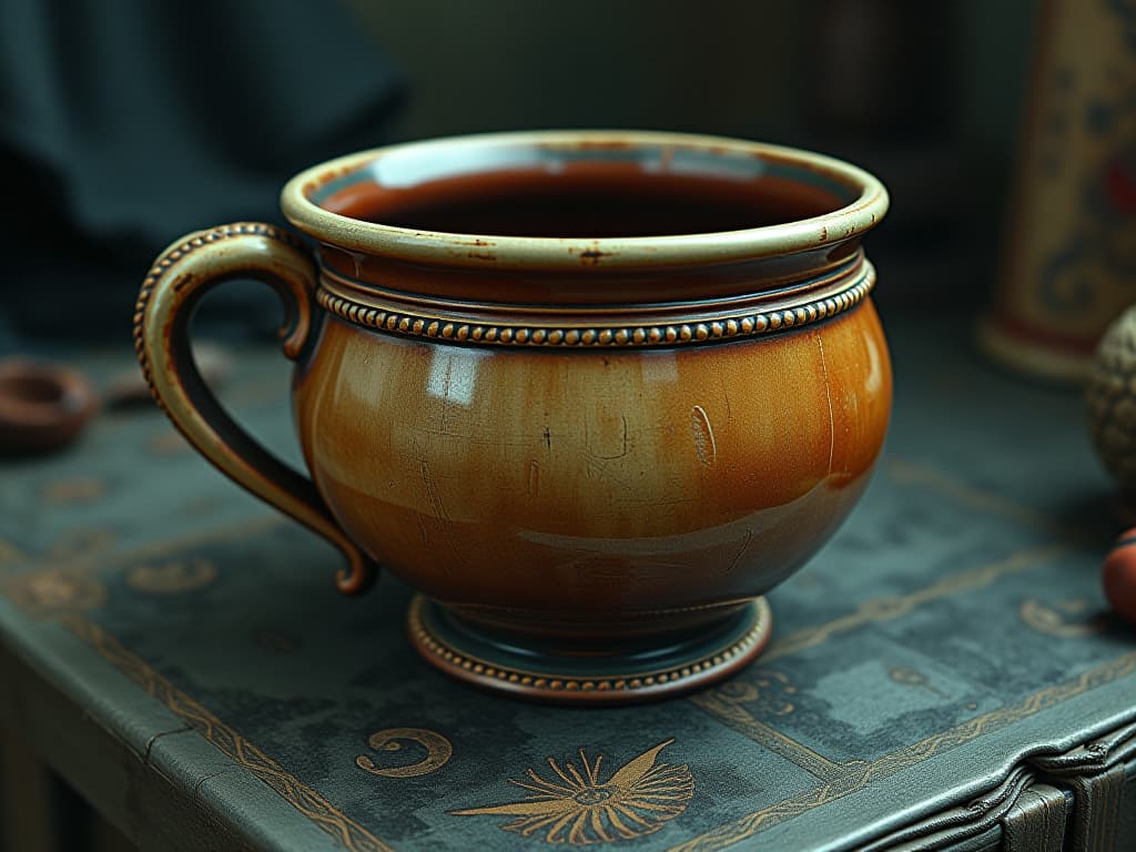  a piece of pottery with highlighted seams, displayed with a sense of pride, focus on its history and elegance, refined, storied, dignified. an illustration in the style of a worn, mystical old tarot trump card, mysterious and elements of surrealism. the colors are muted, somber and eerie, but with contrast bring out an occult and esoteric vibe.