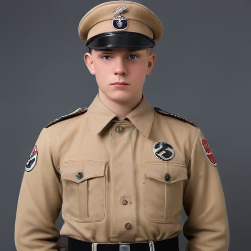 Draw me a full body of a nazi wearing a nazi hitler youth pin and has blue eyes and hair and nazi hitler youth uniform on