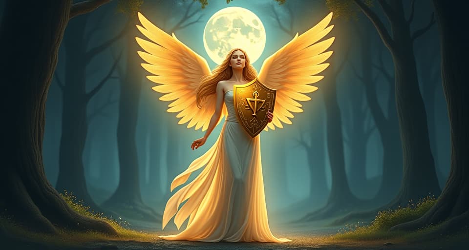  a celestial being with a luminous aura, holding a golden shield, standing in a moonlit grove, representing the balance of healing light and enforcing darkness.. the style is digital art illustration,highly detailed, whimsical,magical, dreamlike atmosphere, realism and fantasy blend, smooth, glossy textures,luminous quality, wonder and enchantment.