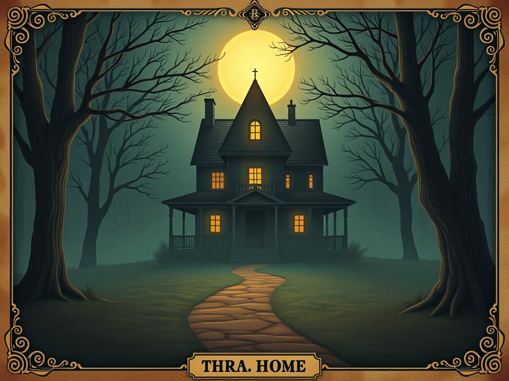  home as a beacon, radiant glow, mystical atmosphere, guiding light. an illustration in the style of a worn, mystical old tarot trump card, mysterious and elements of surrealism. the colors are muted, somber and eerie, but with contrast bring out an occult and esoteric vibe.