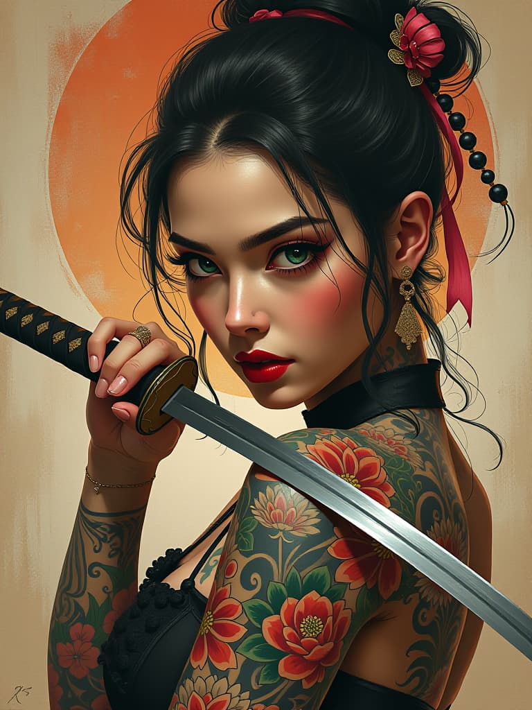  ilrate a captivating portrait of a yakuza , half , with a katana gracefully poised in her hand. she is covered in ritual tattoos, each design rich in detail and symbolism. capture her piercing green eyes, which reflect her fierce spirit. the image should be painted using energetic palette knife strokes, emphasizing texture and movement. as you paint, allow the texture of the canvas to intertwine with her figure, creating a sense of her presence breaking through the layers of paint. incorporate an abstract background that resembles an aged chinese poster, blending seamlessly into the surreal pop art aesthetic, enhancing the overall dynamism of the composition hyperrealistic, full body, detailed clothing, highly detailed, cinematic lighting, stunningly beautiful, intricate, sharp focus, f/1. 8, 85mm, (centered image composition), (professionally color graded), ((bright soft diffused light)), volumetric fog, trending on instagram, trending on tumblr, HDR 4K, 8K