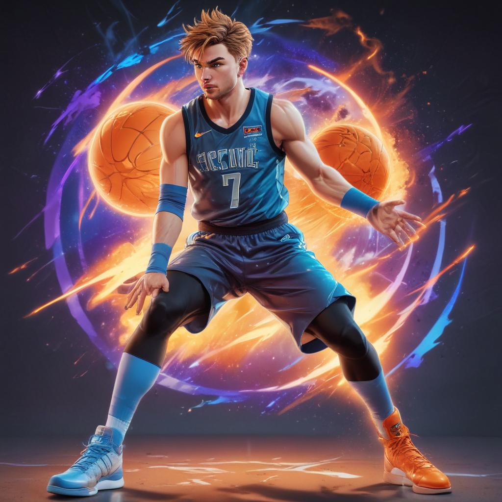 distance-shot, flashy, full-body, dynamic, holographic, animated cartoon poster of luka doncic in the style of dragon ball super