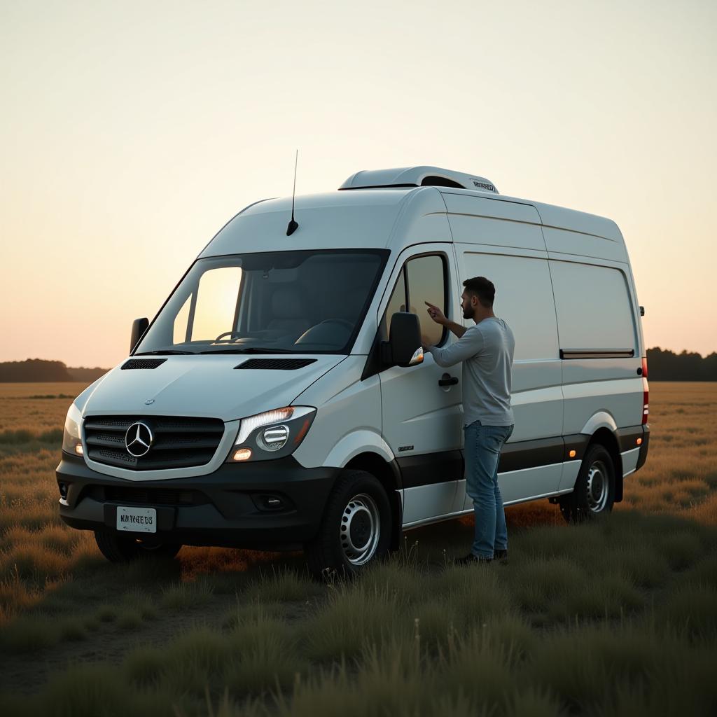  cinematic photo one mercedes van stands in the middle of the field. the side door of the van is open. a man stands next to the side door of the van, presses the button inside the van with his finger . 35mm photograph, film, bokeh, professional, 4k, highly detailed