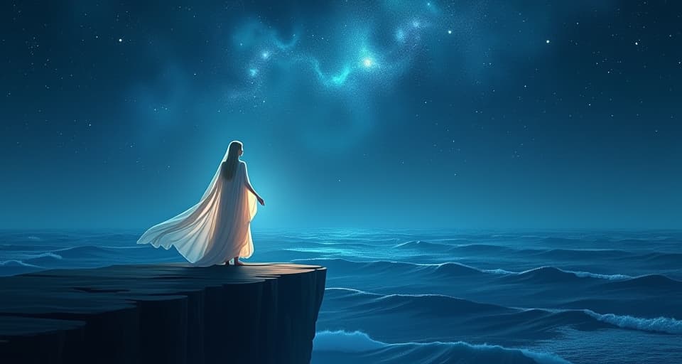  a lone ethereal being, softly glowing, standing on a cliff edge overlooking a vast, starry ocean. her flowing, translucent robes flutter in the gentle breeze, while the night sky above is a cascade of bright stars and luminous patterns, symbolizing deep solitude.. the style is digital art illustration,highly detailed, whimsical,magical, dreamlike atmosphere, realism and fantasy blend, smooth, glossy textures,luminous quality, wonder and enchantment.