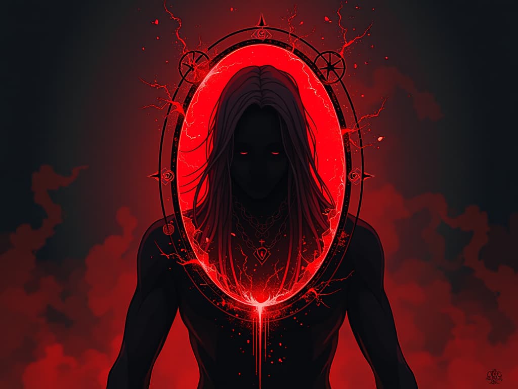  red mystical mirror reflecting shattered self image, alchemical symbols around edges, intense aura of shame. the style is digital art illustration / modern comic book / graphic dark novel fantasy and mysterious occult, symbolic, moody lighting, esoteric vibe,high detail on character design. for the color scheme emphasize blacks and reds.