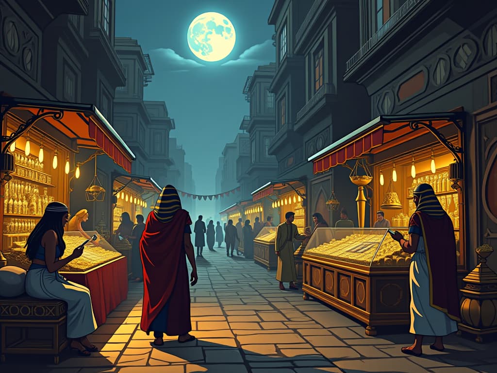  ancient egyptian street market, filled with diverse vendors selling exotic wares, golden trinkets, and mysterious artifacts, symbolizing a variety of income streams and strategies, moonlight casting an ethereal glow. the style is digital art illustration / modern comic book / mysterious occult, symbolic, esoteric vibe,high detail on character design, incorporating ancient egyptian symbology and attire.