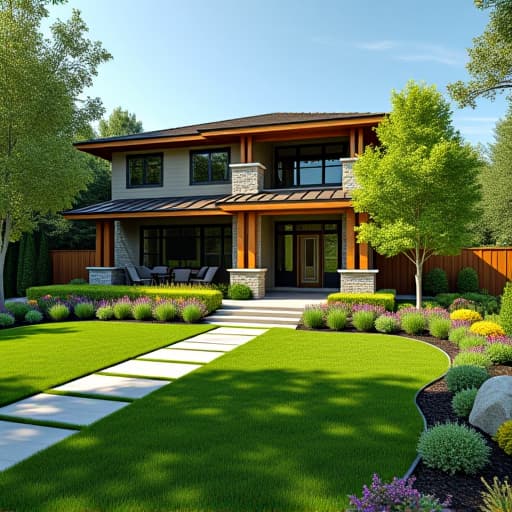  a modern home exterior surrounded by lush landscaping; vibrant green lawns, colorful flower beds, mature trees, and various shrubs; seamless integration of greenery with architectural elements like natural stone walkways and wooden accents; a harmonious blend of nature and design enhancing the home's aesthetic appeal.