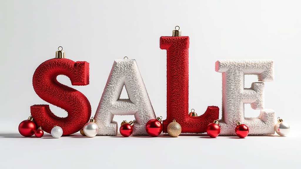  epic realistic, hyperdetailed, (cycles render:1.3), caustics, (glossy:0.58), (artstation:0.82),the word "sale" is made of red and white christmas tree balls on a white background