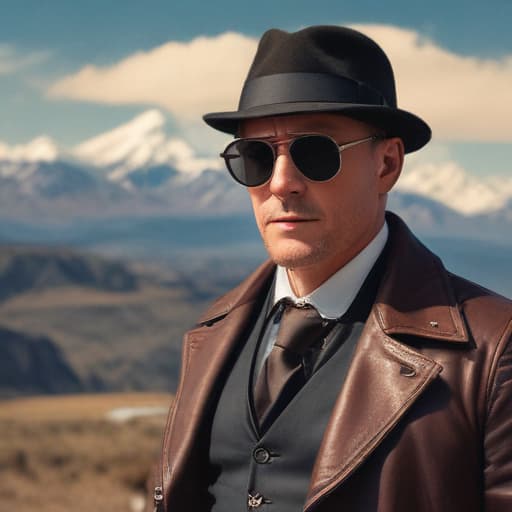 Reymond reddington with sunglasses in Steampunk style with Mountains background