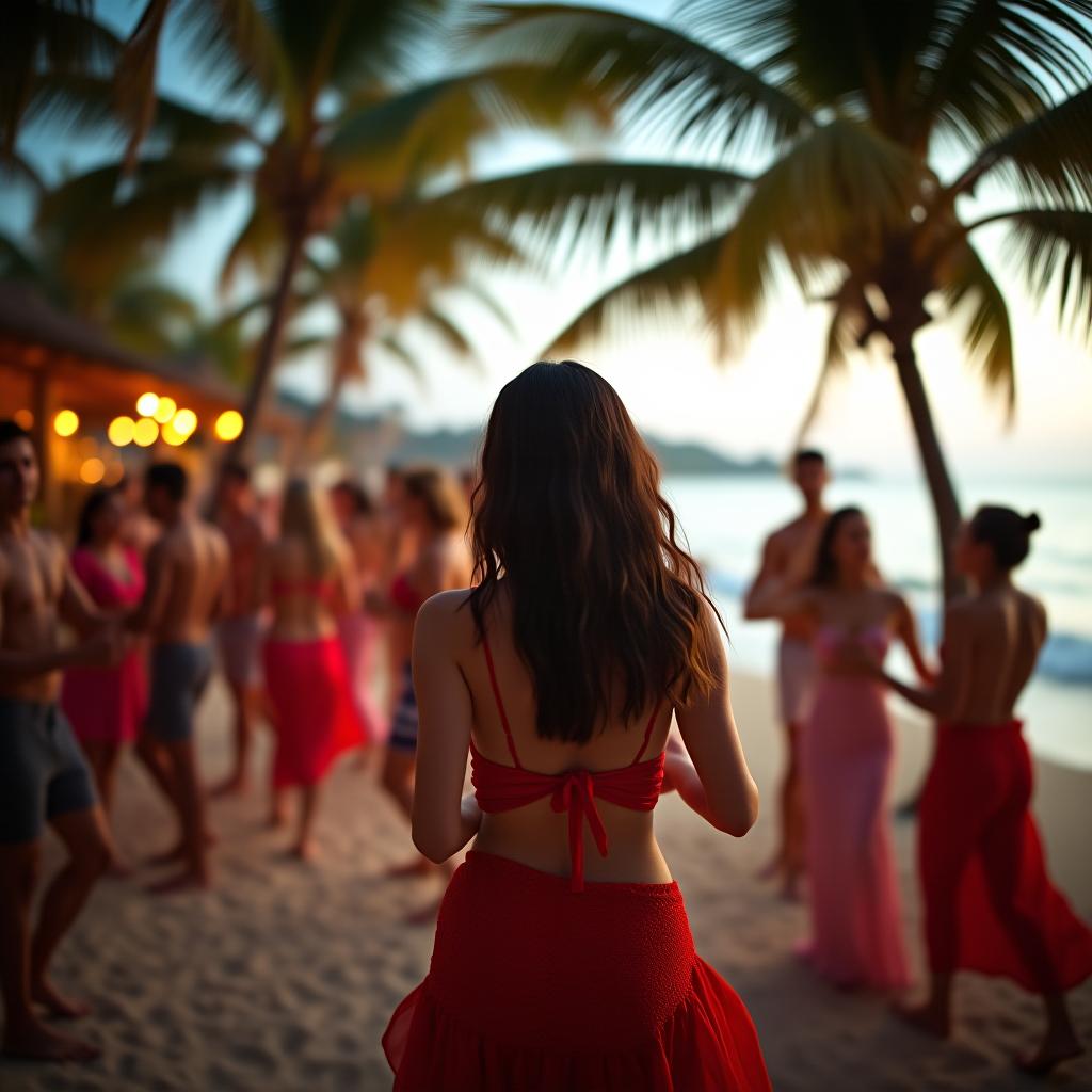  cinematic photo maya beach with palms, people dance at latin bar . 35mm photograph, film, bokeh, professional, 4k, highly detailed hyperrealistic, full body, detailed clothing, highly detailed, cinematic lighting, stunningly beautiful, intricate, sharp focus, f/1. 8, 85mm, (centered image composition), (professionally color graded), ((bright soft diffused light)), volumetric fog, trending on instagram, trending on tumblr, HDR 4K, 8K