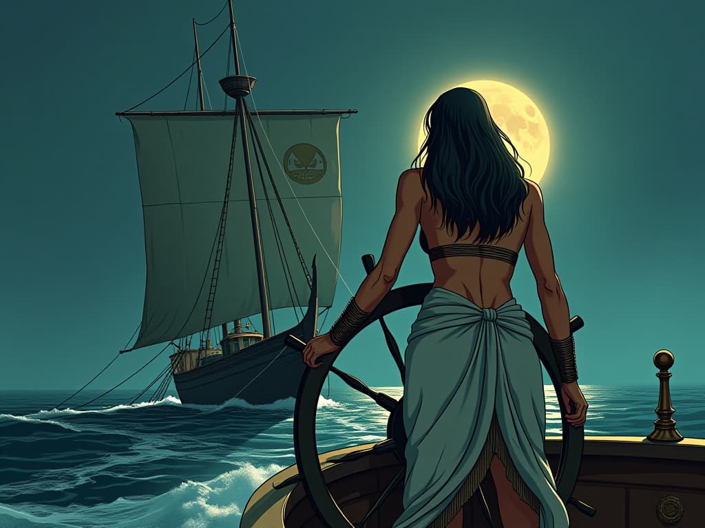  ancient egyptian ship sailing on the nile, illuminated by the full moon, large busted priestess in a tight linen dress steering the ship, guiding it towards the horizon, symbolizing purpose. the style is digital art illustration / modern comic book / mysterious occult, symbolic, esoteric vibe,high detail on character design, incorporating ancient egyptian symbology and attire.