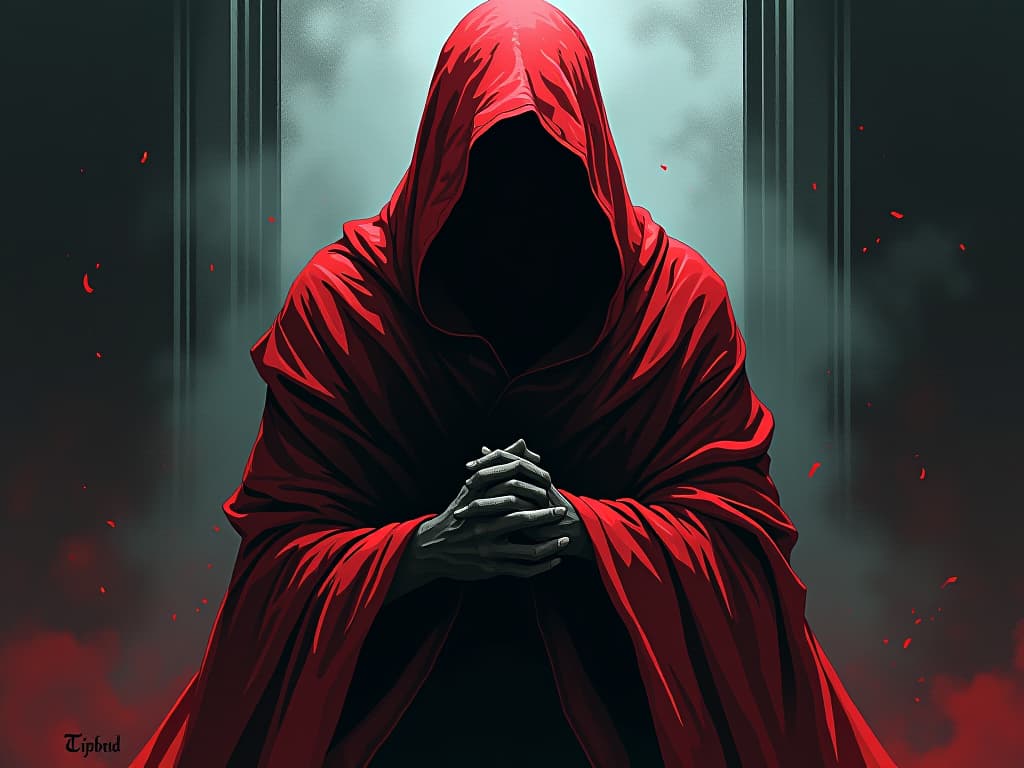  apparition wrapped in tattered red robes, shadowed face, surrounded by wisps of self doubt, eerie atmosphere. the style is digital art illustration / modern comic book / graphic dark novel fantasy and mysterious occult, symbolic, moody lighting, esoteric vibe,high detail on character design. for the color scheme emphasize blacks and reds.