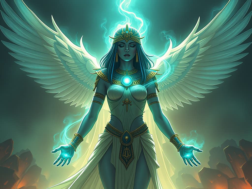  an ethereal being, transparent and shimmering, existing in multiple planes at once, layers of reality intersecting, exuding an otherworldly presence and timelessness. the style is digital art illustration / modern comic book / mysterious occult, symbolic, esoteric vibe,high detail on character design, incorporating ancient egyptian symbology and attire.