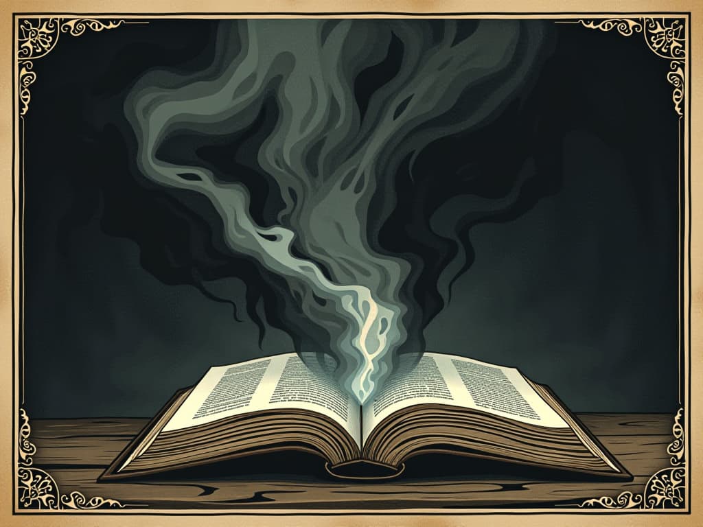  an illustration of a curse emerging from an open ancient book, black wisps and eerie light spilling from the pages, sense of fear and danger, ominous atmosphere. an illustration in the style of a worn, mystical old tarot trump card, mysterious and elements of surrealism. the colors are muted, somber and eerie, but with contrast bring out an occult and esoteric vibe.